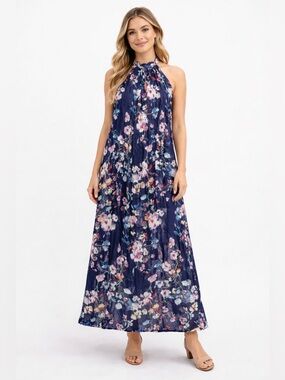 New Bellambra Dress Made in Italy Silk Blend Navy Blue Floral Halter Flower